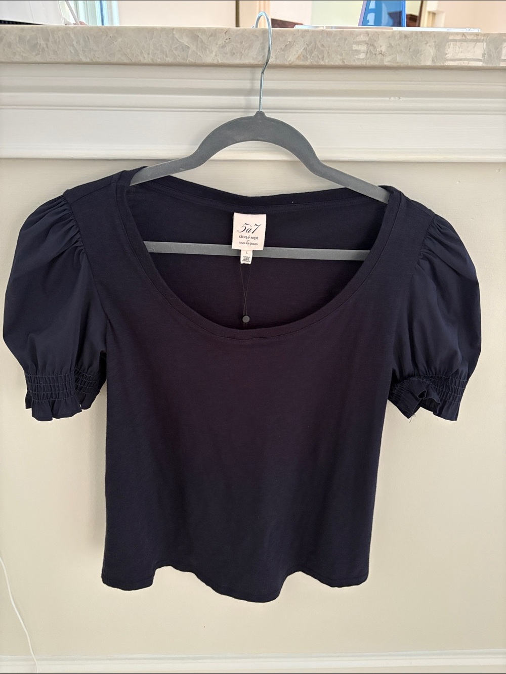 Cinq a Sept Women’s Navy Puff Sleeve Scoop Neck Top